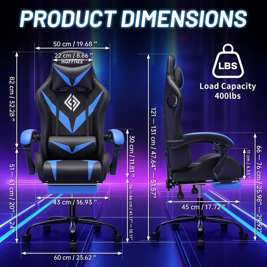 HOFFREE RGB Gaming Chair with Speakers and Massage Ergonomic Computer Chair with Lights and Footrest Reclining Video Game Chairs for Adults Blue and Black