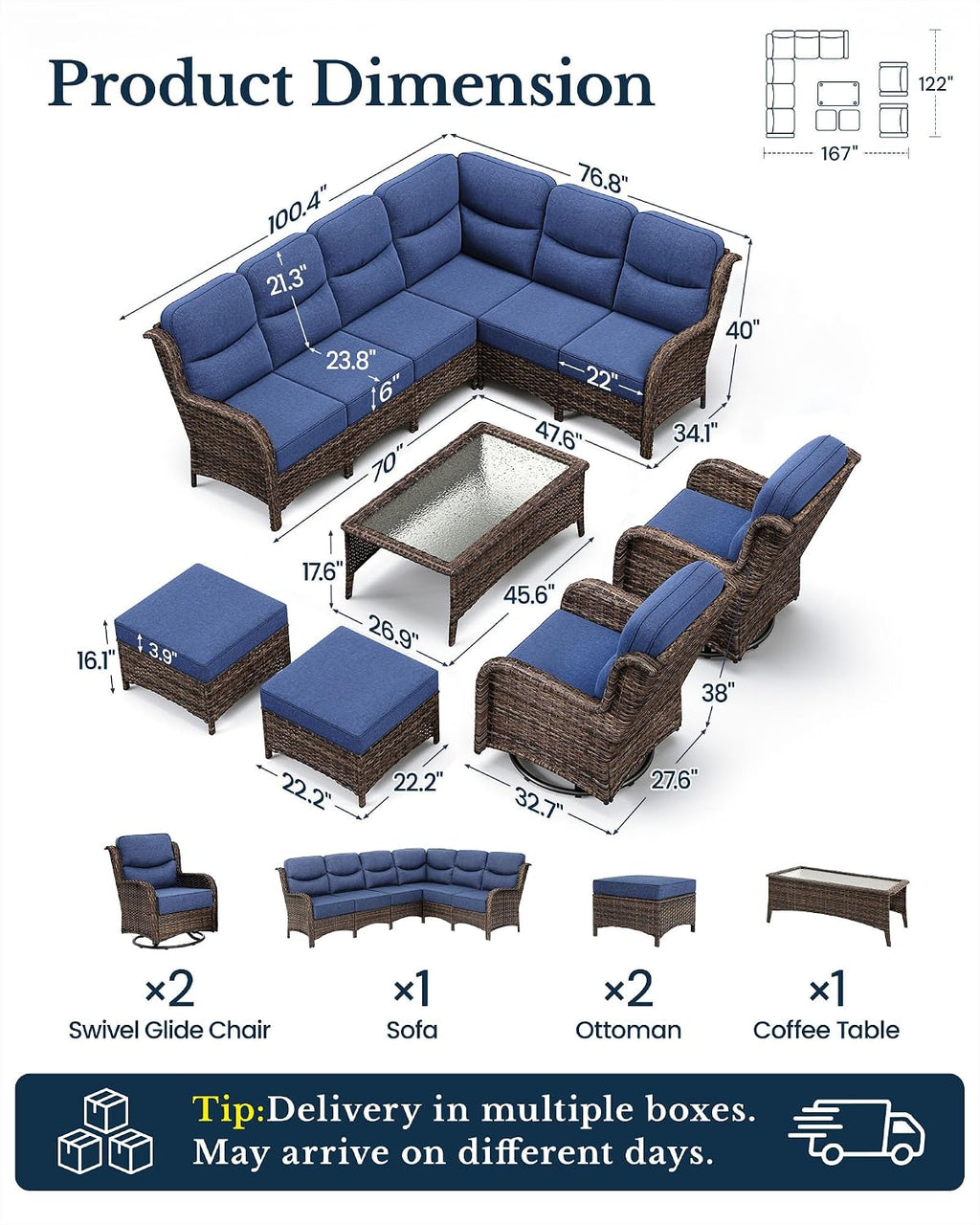 HILLGA Luxury High Back Patio Furniture Set with 6-Inch Thick Cushion, 6-Piece Outdoor Conversation Set with Corner Sofa, Swivel Rocker Chairs & Ottomans, Ideal for Porch Pool Deck Yard (Blue)