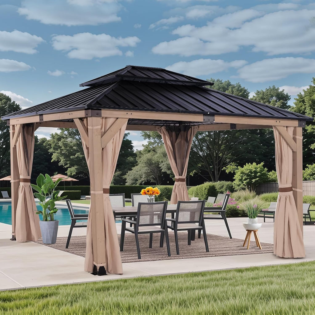 FAB BASED 10x12FT Hardtop Wood Gazebo, Natural Solid Cedar Frame Gazebo with 2-Tier Vented Roof, Outdoor Metal Canopy Pavilion with Netting & Curtains for Deck, Garden, Backyard, Lawn