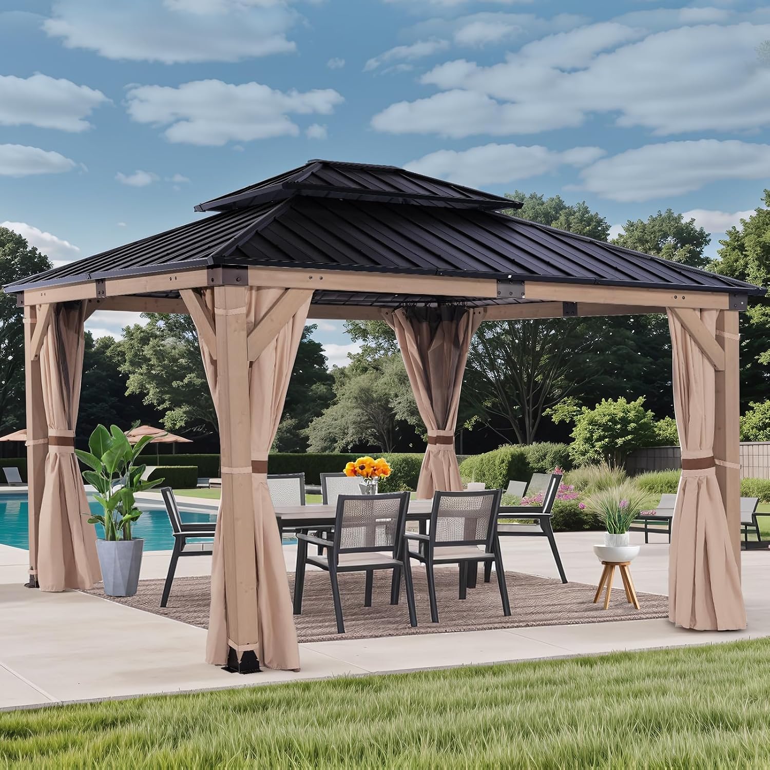 FAB BASED 10x12FT Hardtop Wood Gazebo, Natural Solid Cedar Frame Gazebo with 2-Tier Vented Roof, Outdoor Metal Canopy Pavilion with Netting & Curtains for Deck, Garden, Backyard, Lawn