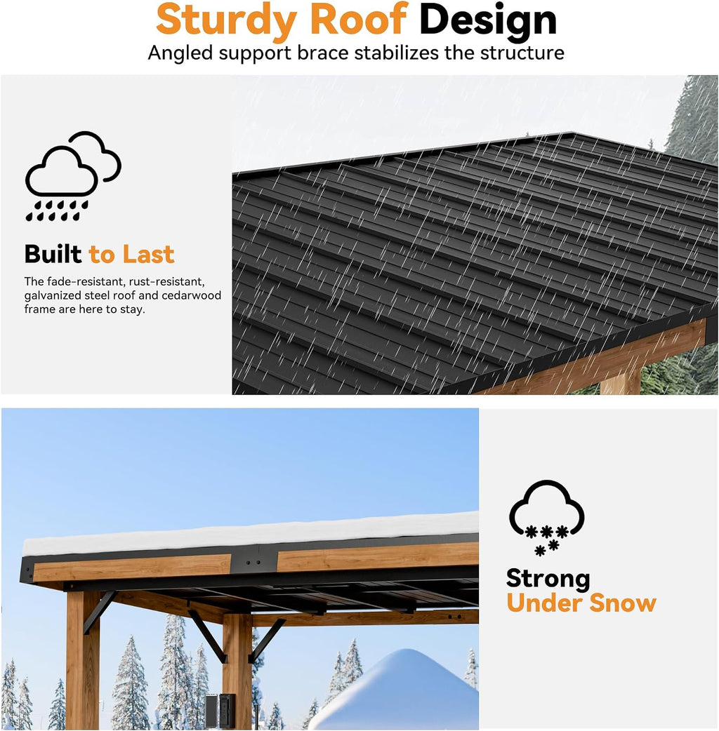 Modern Shade Woodberry Grill Gazebo 6' X 12', Cedar Wood Gazebo with Dual bar Tops & Shelves, Patio Bar with Galvanized Steel Roof, Outdoor Pavilion with USB and USB-C Charging Ports for Backyard