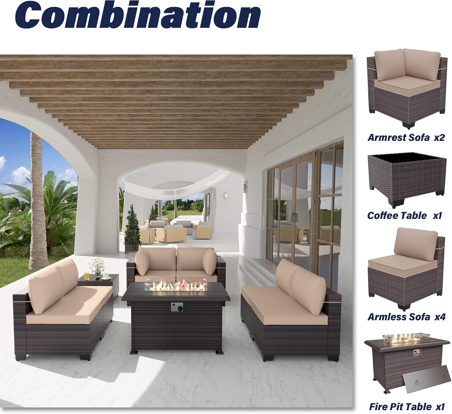 Kurapika 8 Pieces Patio Furniture Set, Rattan Wicker Outdoor Conversation Sets w/43in Propane Fire Pit Table and 4 Inch Cushion(Sand)