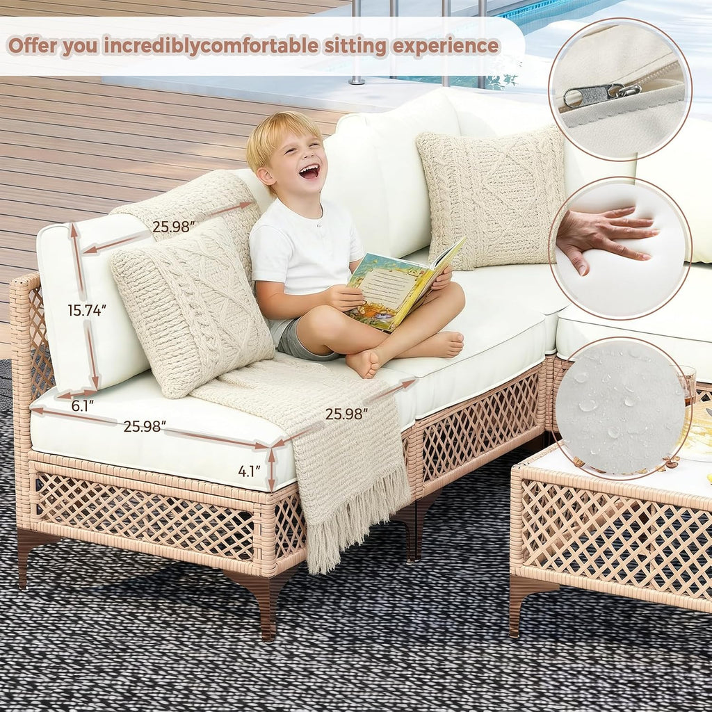Outdoor Patio Furniture Set, Wicker Outdoor Sectional Set, Boho Patio Conversation Sectional Sofa with Large Tempered Glass Coffee Table and Waterproof Cushion (Large Size 7-Piece Patio Furniture)