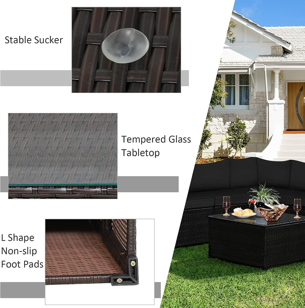 Tangkula 6 Pieces Patio Furniture Set, Outdoor Rattan Sofa Set, Wicker Conversation Set w/Tempered Glass Coffee Table & Cushions, Sectional Sofa Set for Backyard, Garden, Balcony, Poolside (Black)
