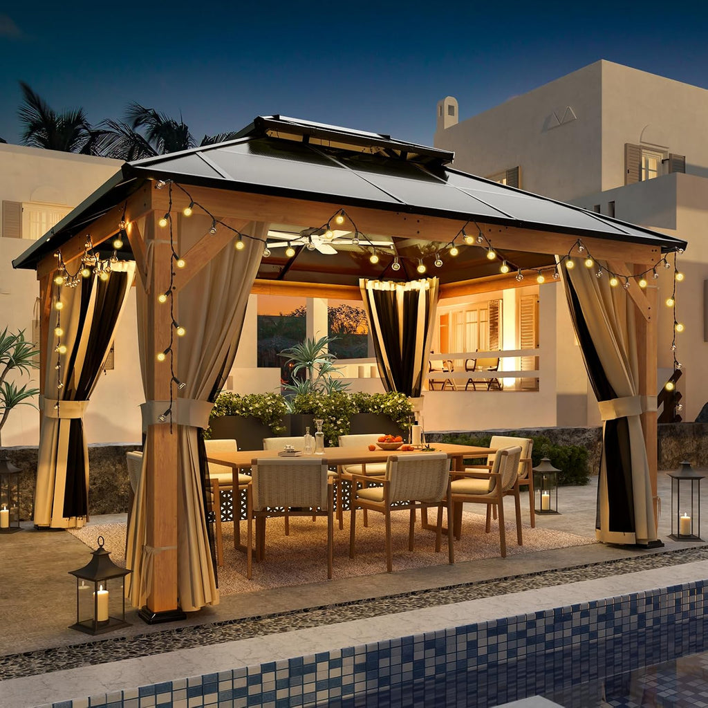 YOLENY 11'x13' Hardtop Gazebo, Wood Outdoor Gazebos with Polycarbonate Double Roof, Netting and Curtains for Decks, Backyards, Lawns and Garden