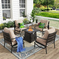 MFSTUDIO 5 Pieces Patio Conversation Sets, Outdoor Metal Furniture Sofas with 1 x 28 50,000 BTU Square Propane Fire Table and 4 x Wrought Iron Frame Sofa Chairs with Beige Cushion