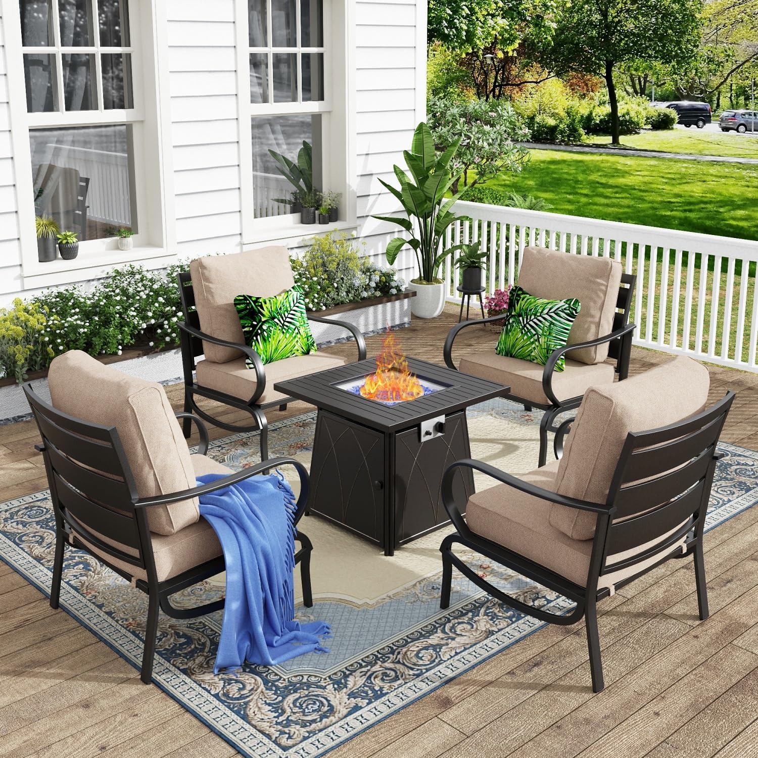 MFSTUDIO 5 Pieces Patio Conversation Sets, Outdoor Metal Furniture Sofas with 1 x 28 50,000 BTU Square Propane Fire Table and 4 x Wrought Iron Frame Sofa Chairs with Beige Cushion