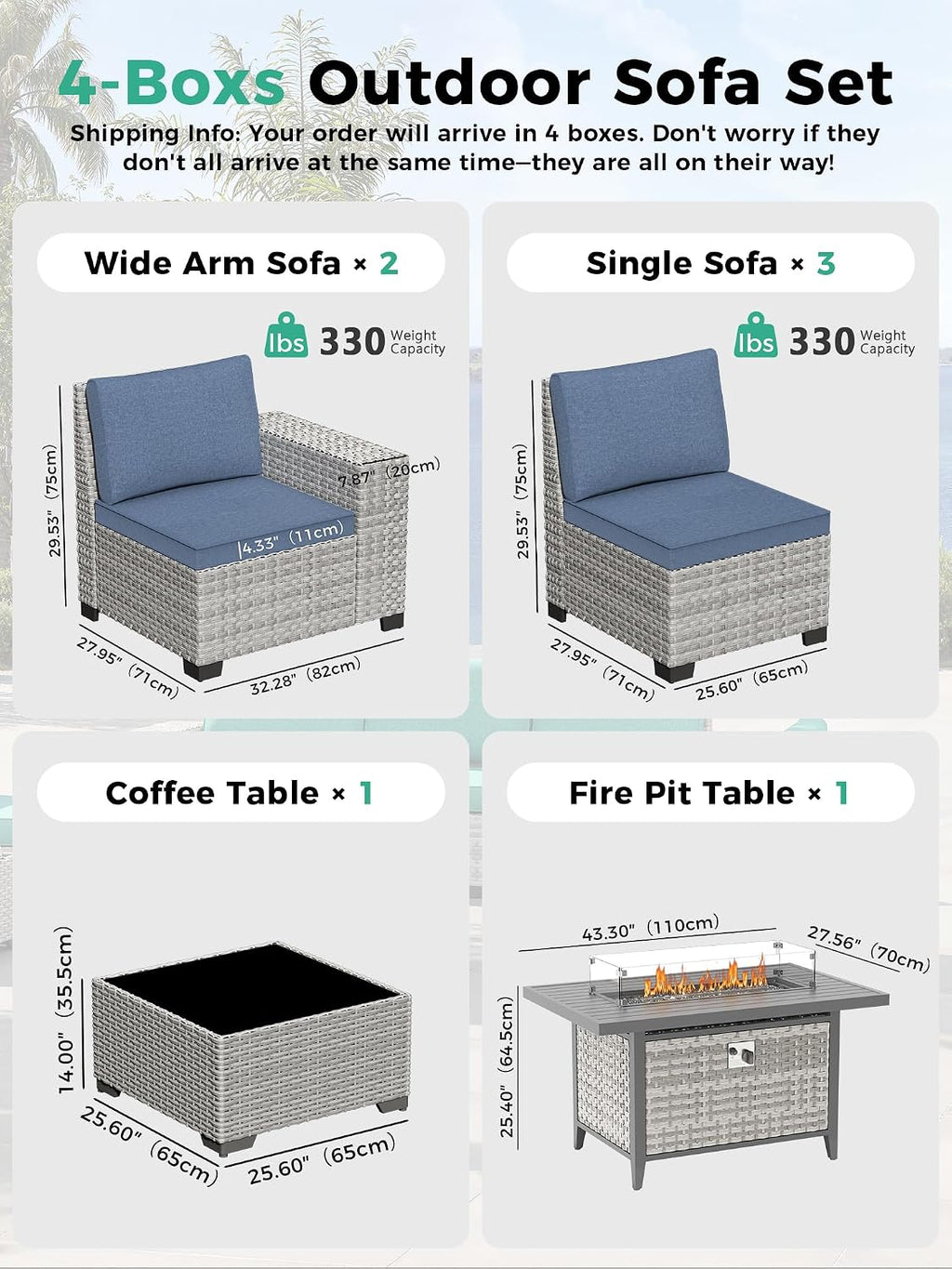 7 Piece Outdoor Wicker Sectional Sofa Set with Fire Pit Table, 5-Seats Conversation Set with 4' Thickened Cushions & Coffee Table, All-Weather PE Rattan for Garden, Backyard, Porch, Bule