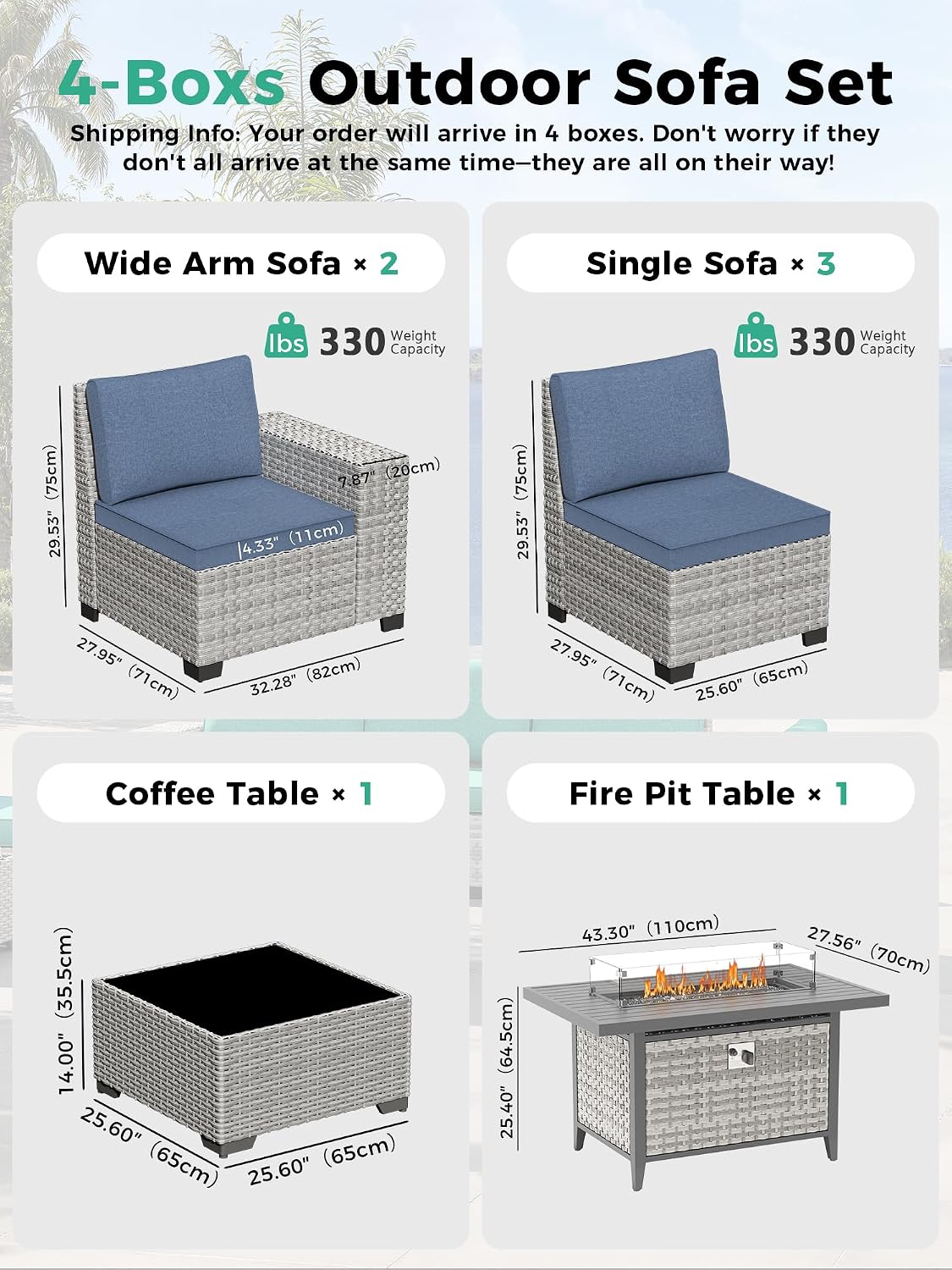 7 Piece Outdoor Wicker Sectional Sofa Set with Fire Pit Table, 5-Seats Conversation Set with 4' Thickened Cushions & Coffee Table, All-Weather PE Rattan for Garden, Backyard, Porch, Bule