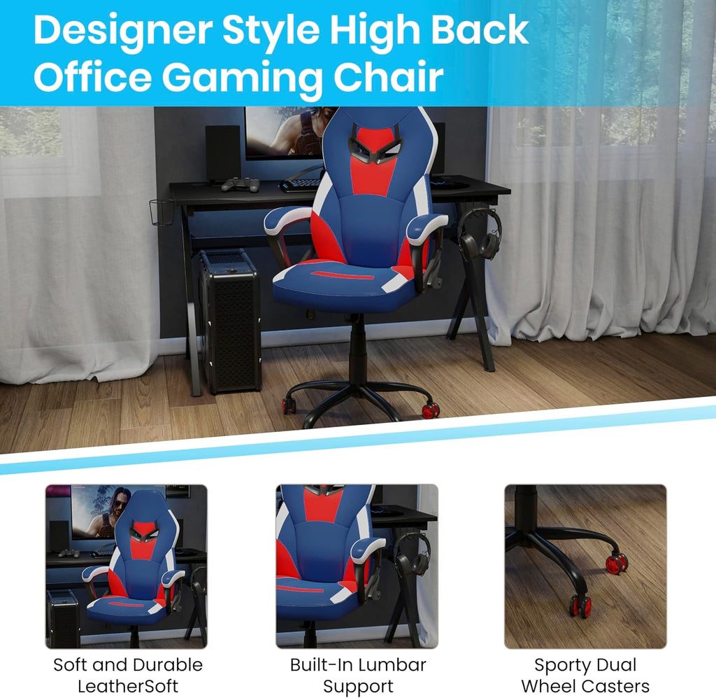 Flash Furniture Stone Ergonomic PC Office Computer Chair - Adjustable Red & Blue Designer Gaming Chair - 360° Swivel - Red Dual Wheel Casters
