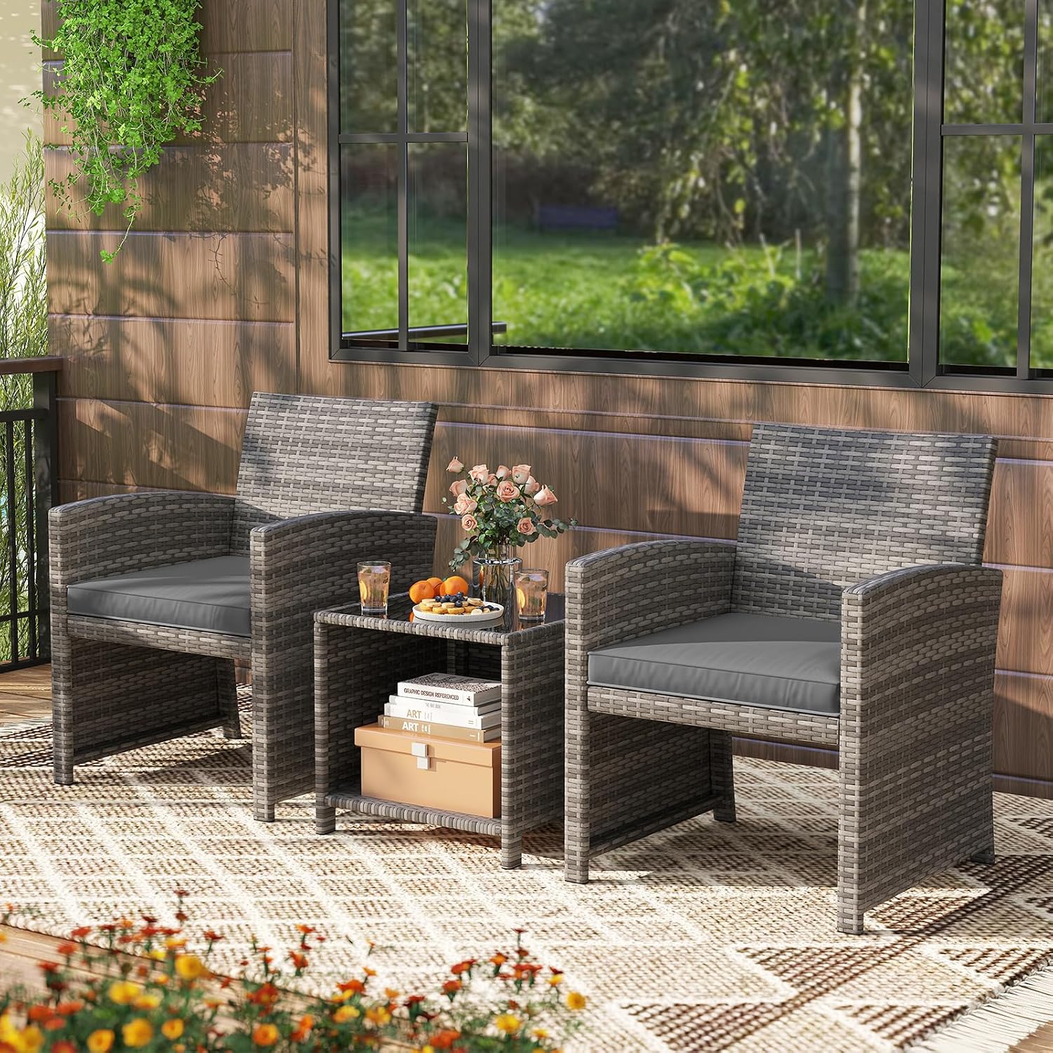 KOTEK 3 Piece Patio Furniture Set, Outdoor Wicker Patio Chairs with Cushions & Storage Table, PE Rattan Bistro Set for Porch, Backyard, Balcony (Grey)