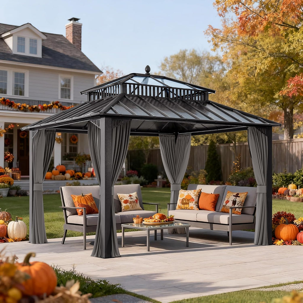 SUNJOY Kingston 12' x 10' Hardtop Gazebo with Galvanized Steel/Polycarbonate Double Roof, Curtain and Netting, Gray Aluminum Posts Permanent Pavilion Gazebo for Garden, Patio, Deck, Lawn