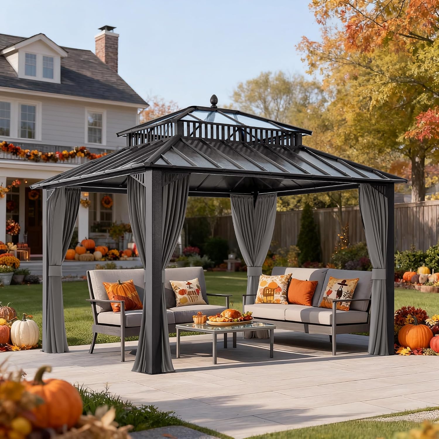 SUNJOY Kingston 12' x 10' Hardtop Gazebo with Galvanized Steel/Polycarbonate Double Roof, Curtain and Netting, Gray Aluminum Posts Permanent Pavilion Gazebo for Garden, Patio, Deck, Lawn