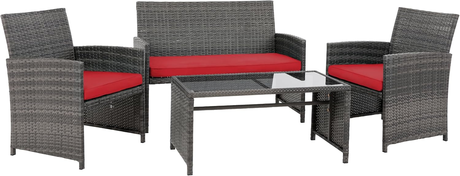 4 Piece Patio Ratten Set Outdoor Furniture Set Wicker Conversation Set with Cushions and Tempered Glass Tabletop,Red