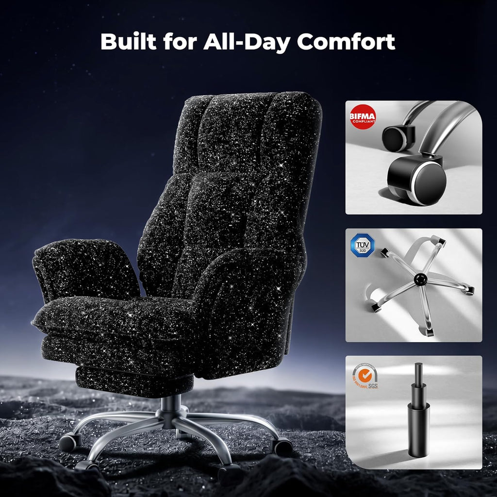 HOMRELEXA Big and Tall Office Chair, Flip Armrests for Pets & Cross Legged Sitting, Executive Ergonomic Computer Gaming Chair with Foot Rest, Gliter Fabric Wide Seat Reclining Desk Chair