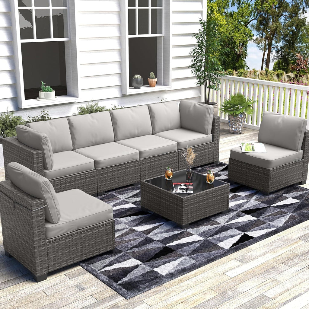 Garvee 7 Pieces Outdoor Patio Furniture Set, Rattan Wicker Sofa Set with Soft Cushions and Coffee Table, All-Weather Outdoor Furniture for Garden, Porch, Poolside, Gray&Light Gray