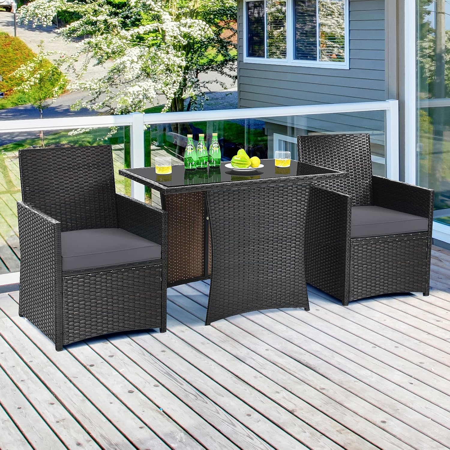 Tangkula 3 Pieces Patio Dining Set, Space-Saving PE Rattan Bistro Set with Tempered Glass Top Table and Cushioned Chairs, Outdoor Conversation Set for Garden Backyard Poolside Porch (Gray)