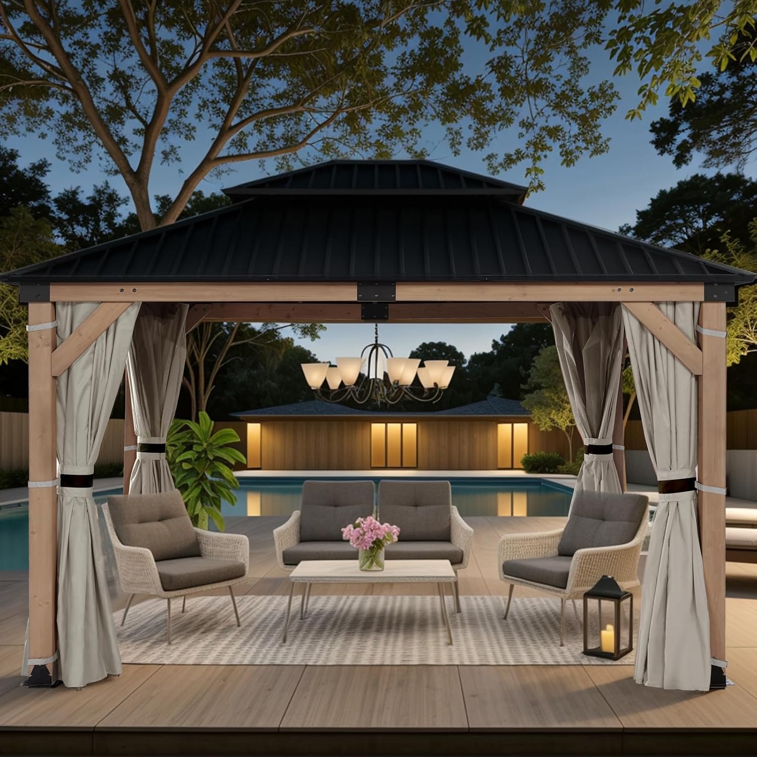 FAB BASED 10x12FT Hardtop Wood Gazebo, Natural Solid Cedar Frame Gazebo with 2-Tier Vented Roof, Outdoor Metal Canopy Pavilion with Netting & Curtains for Deck, Garden, Backyard, Lawn