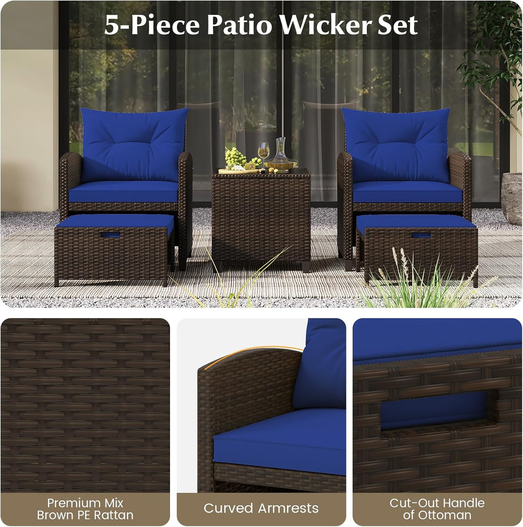KOTEK 5 Pieces Patio Furniture Set with Ottomans, Wicker Patio Conversation Set with Coffee Table & Cushions, PE Rattan Outdoor Lounge Chairs for Backyard, Porch, Poolside (Mix Brown- Navy)
