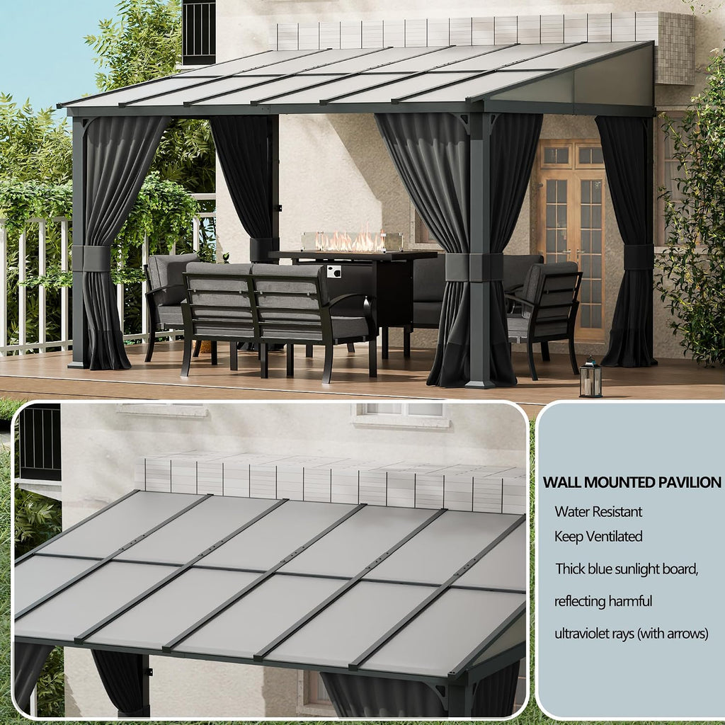 10x12FT Gazebo, Hardtop Wall Mounted Gazebo with Sloping Sun Panel Roof, Awnings for Patio with Metal Frame, Double Curtains for Garden, Lawn, Backyard Deck, Sand