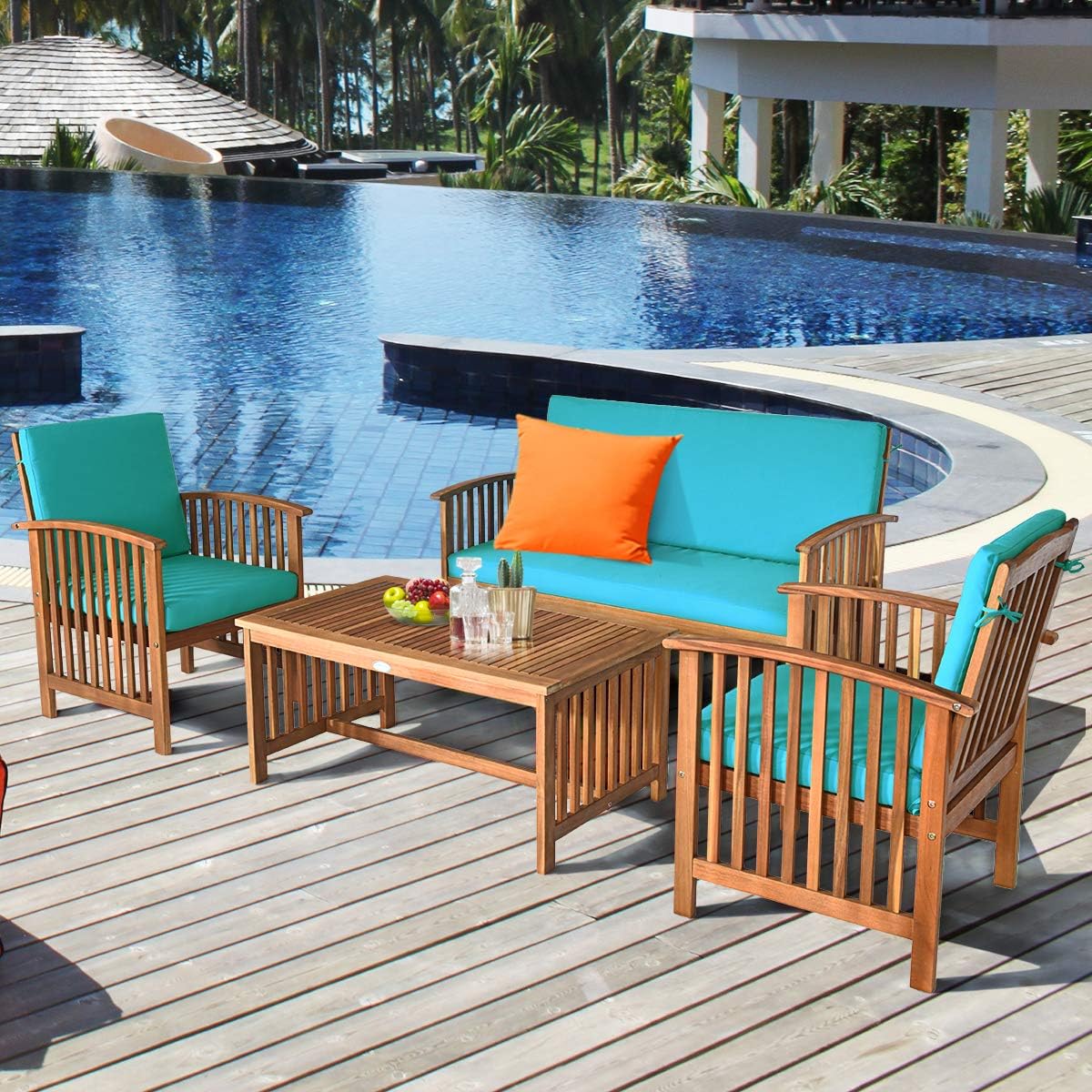 Tangkula Outdoor 4 PCS Acacia Wood Sofa Set w/Water Resistant Cushions, Padded Patio Seating Chat Set w/Coffee Table for Garden, Backyard, Poolside (1, Turquoise)