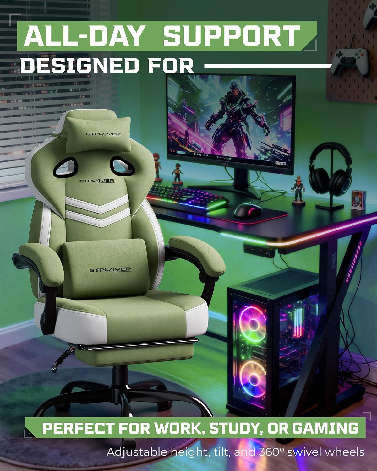 GTPLAYER Gaming Chair, Computer Chair with Footrest and Lumbar Support for Adults, 360°-Swivel Big & Tall Reclining Seat for Office or Gaming (Green)