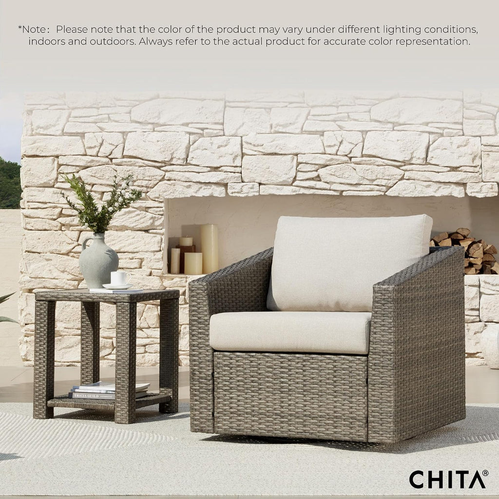 CHITA Patio Wicker Chair, 360° Swivel Outdoor Rattan Chair with Thickened Cushions for Backyard, Poolside, Garden or Porch, Beige Cushions with Grey Wicker
