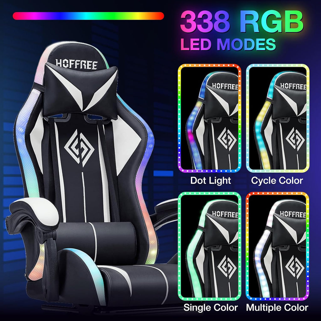 HOFFREE Gaming Chair Massage with LED RGB Lights and Footrest Ergonomic Computer Chair High Back Video Game Chair with Adjustable Lumbar Support Linkage Armrest White and Black