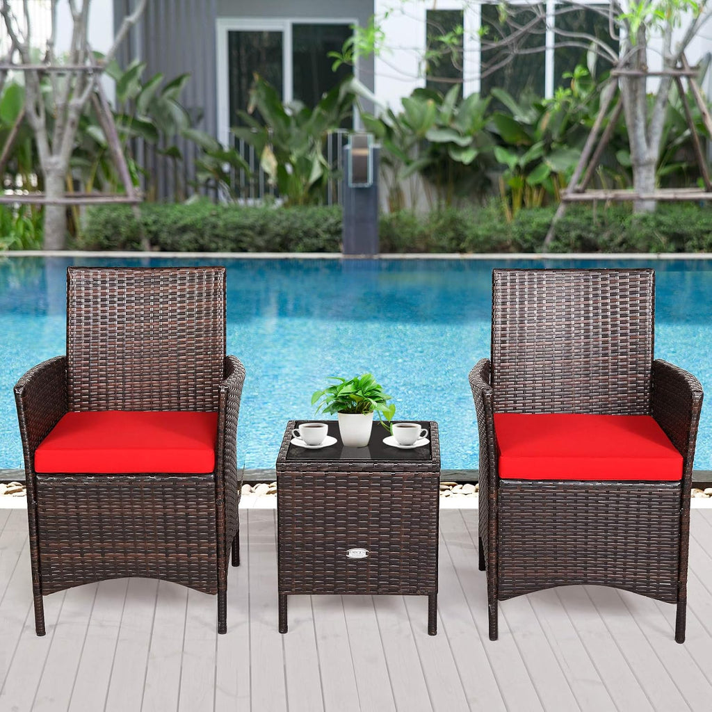 Tangkula 3-Piece Patio Conversation Set, Wicker Chairs with Glass Top Square Coffee Table & Cushions, All-Weather Outdoor Rattan Furniture Set for Garden Backyard Balcony Poolside (Red)