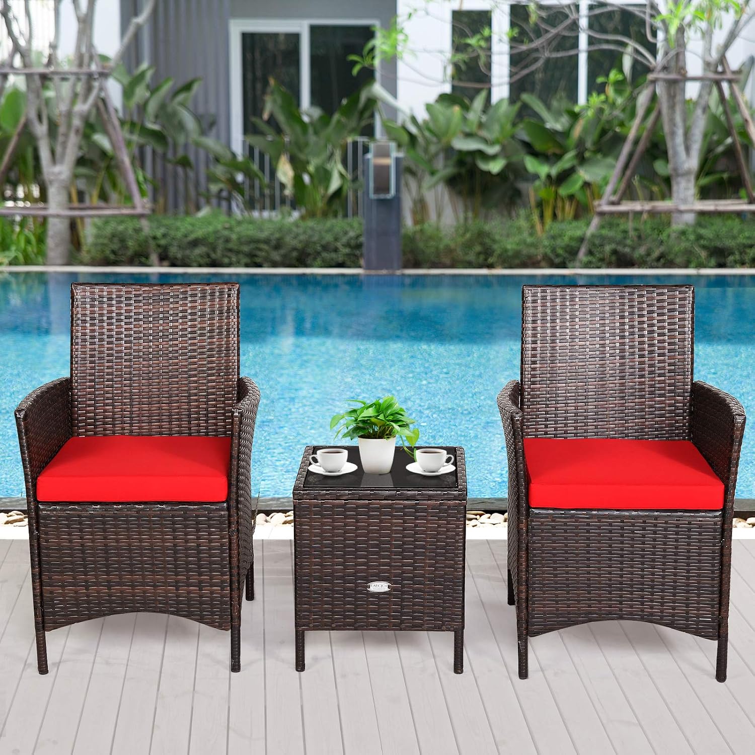Tangkula 3-Piece Patio Conversation Set, Wicker Chairs with Glass Top Square Coffee Table & Cushions, All-Weather Outdoor Rattan Furniture Set for Garden Backyard Balcony Poolside (Red)