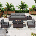 ALAULM 7 Pieces Patio Furniture Set with Fire Pit Table 55000BTU, Oversized Seat/Armrest and High Back Wicker Conversation Set with Thick Cushion for Backyard, Garden, Black