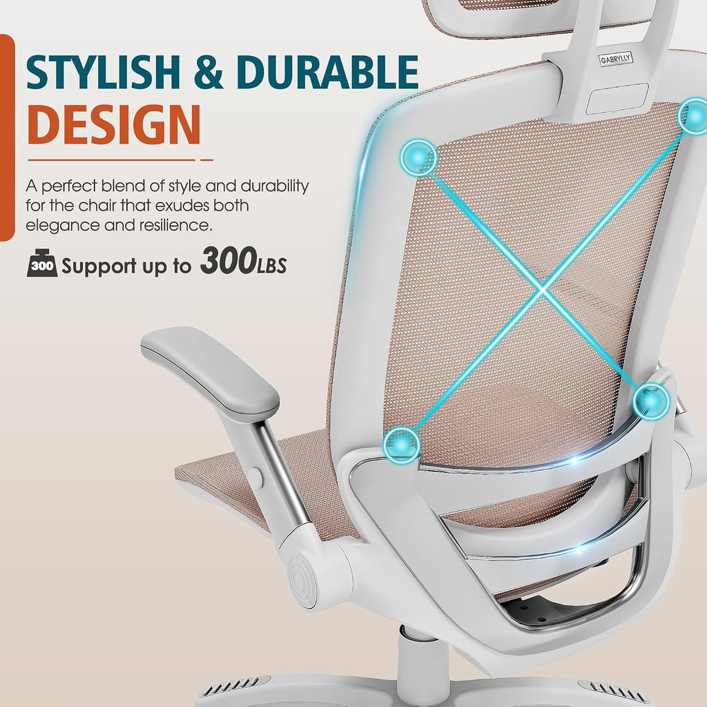 GABRYLLY Ergonomic Office Chair, High Back Home Desk Chair with Headrest, Flip-Up Arms, 90-120° Tilt Lock and Wide Cushion, 300LBS Mesh Chairs for Man Woman, White Task Chair(Pink,GY01WPK)