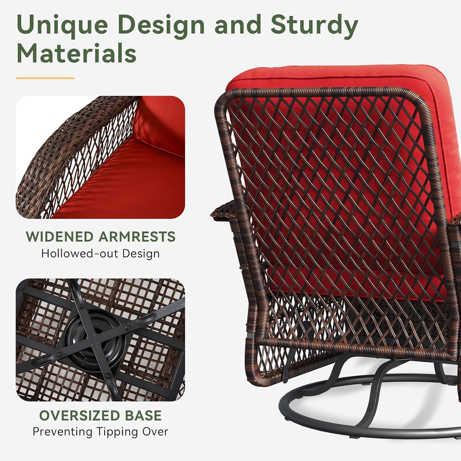Aoxun 3 Pieces Patio Furniture Set, Patio Swivel Rocker Chairs Set of 2, Wicker Outdoor Bistro Set with Rocking Chair, Thickened Cushions and Table for Porch (Red)