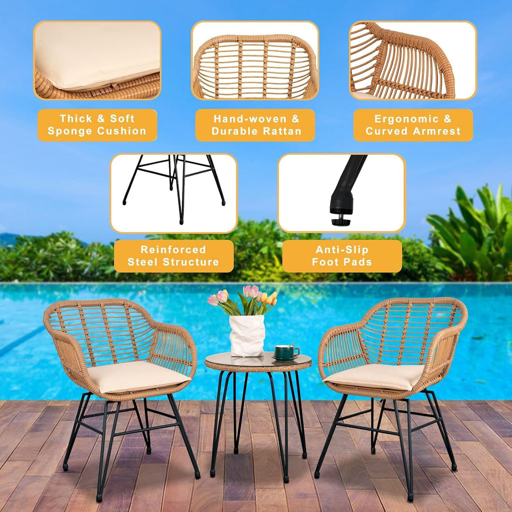 3 Piece Outdoor Wicker Furniture Bistro Set, Rattan Chairs Conversation Sets Wicker Patio Furniture for Balcony Poolside Backyard, Beige