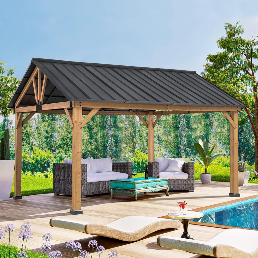 COOS BAY 11x13 Hardtop Gazebo with Cedar Wood Frame, Galvanized Steel Gable Roof with UV Protection for Garden, Patio, Poolside, Backyard, Natural Wood/Black