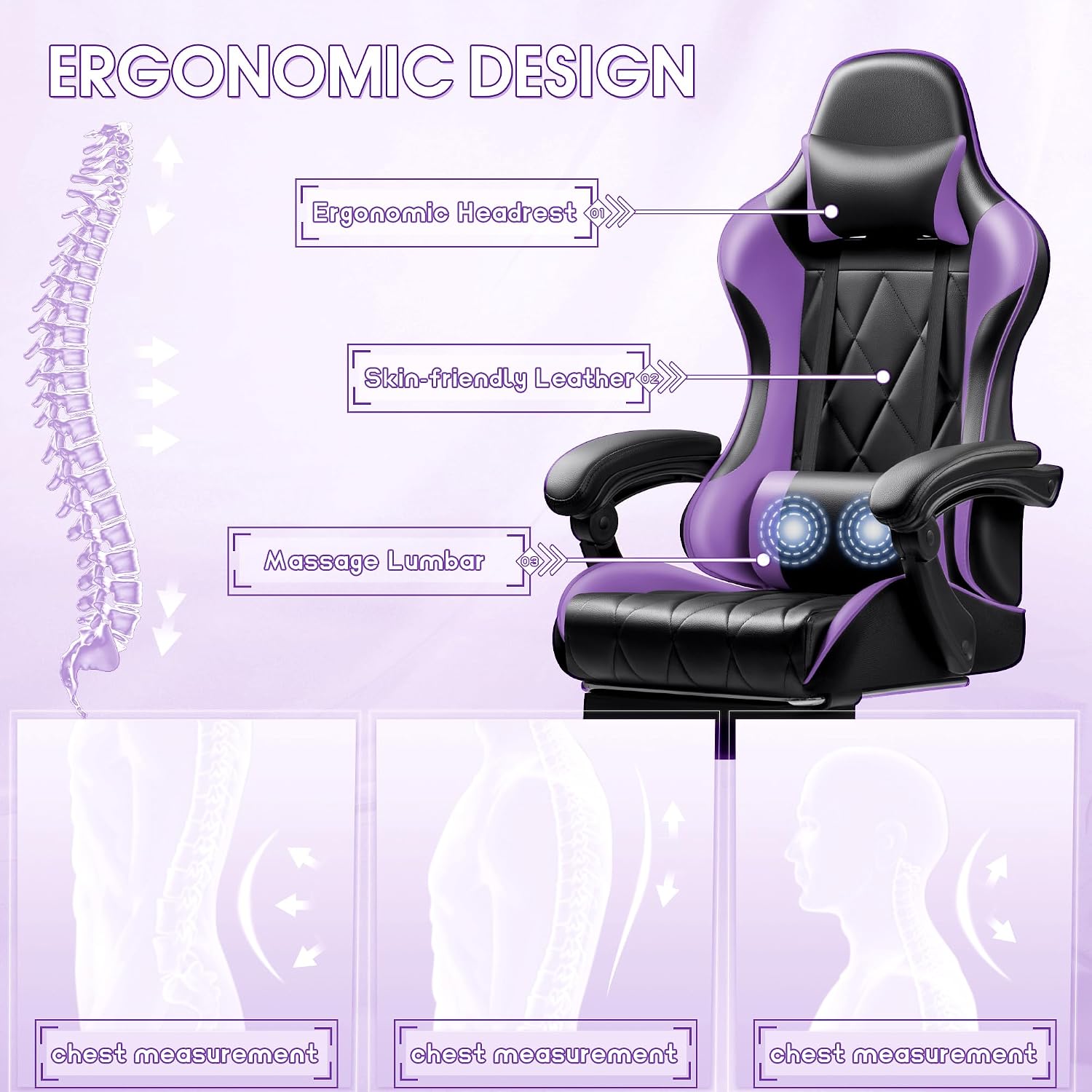 Shahoo Gaming Chair with Footrest and Massage Lumbar Support, Ergonomic Office Computer Seat Height Adjustable with Headrest, Purple