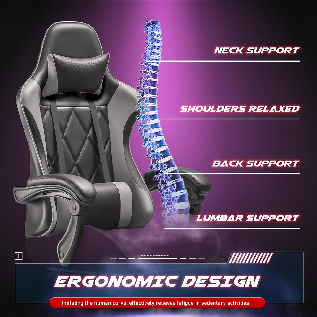 Homall Gaming Chair, Computer Chair with Footrest and Massage Lumbar Support, Ergonomic High Back Video Game Chair with Swivel Seat and Headrest (Grey)
