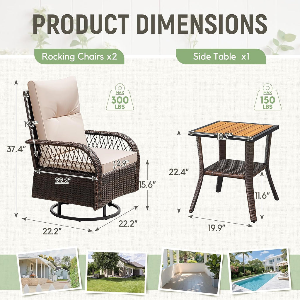 Greesum 3-Piece Outdoor Swivel Rocker, Luxury Wicker Patio Furniture Set with Rattan Side Table&Thick Detachable Cushions for Deck Lawn Poolside Brown/Beige