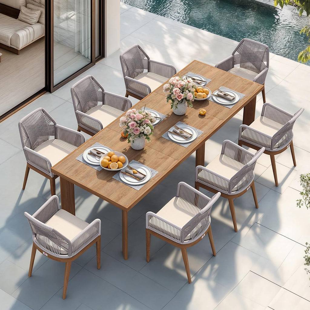PURPLE LEAF 9 Pieces Patio Dining Set Aluminum Rectangular Table and Rattan Arm Chairs with Cushions for Kitchen Porch Garden Modern Outdoor Furniture Sets