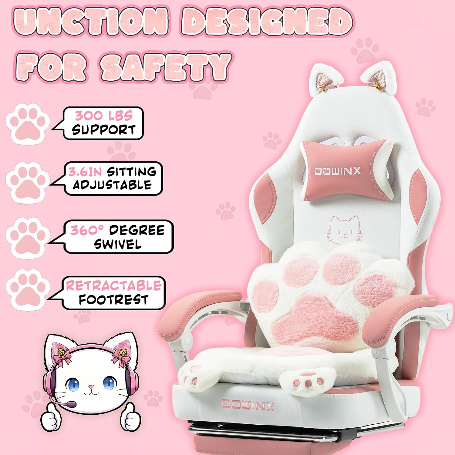 Dowinx Gaming Chair with Cat Ears and Paw Lumbar Pillow, Ergonomic Reclining Chair, Memory Foam and Spring Cushion, Footrest, 300lbs Capacity, Cute and Comfortable Design for Women & Girls