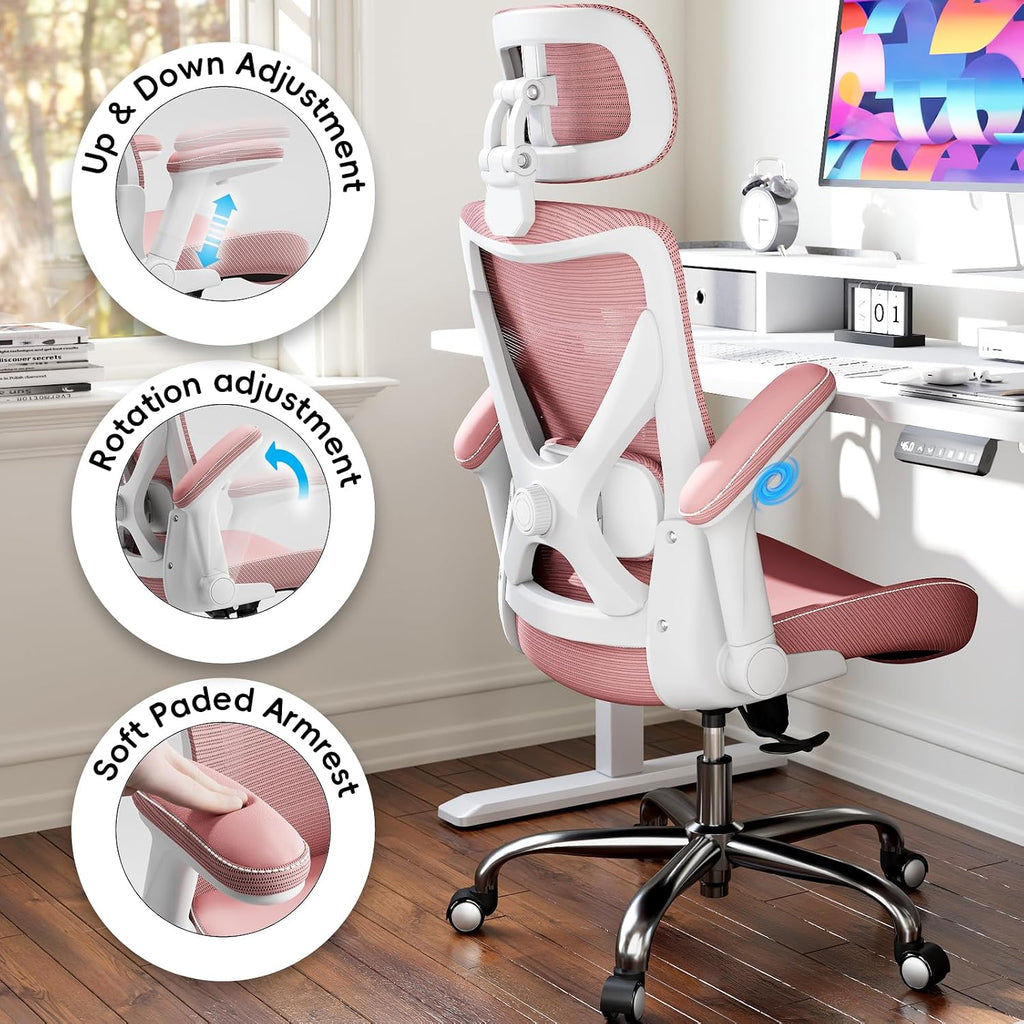 Ergalithic Office Home Ergonomic Desk Chair-Computer X-Shaped Chair Mesh PU Leather with Adjustable Lumbar Support-Executive Chair High Back with Headrest Flip-Up Arms for Long Hours (Dark Pink)