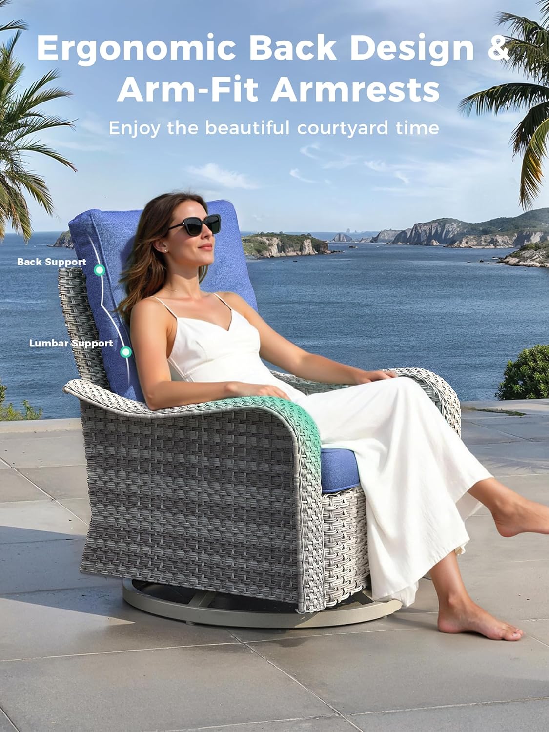 9 Piece Outdoor Patio Furniture Set with Swivel Chairs, 7-Seats Wicker Sectional Sofa Set with Thickened Cushions & Coffee Table for Garden, Backyard, Porch, Blue