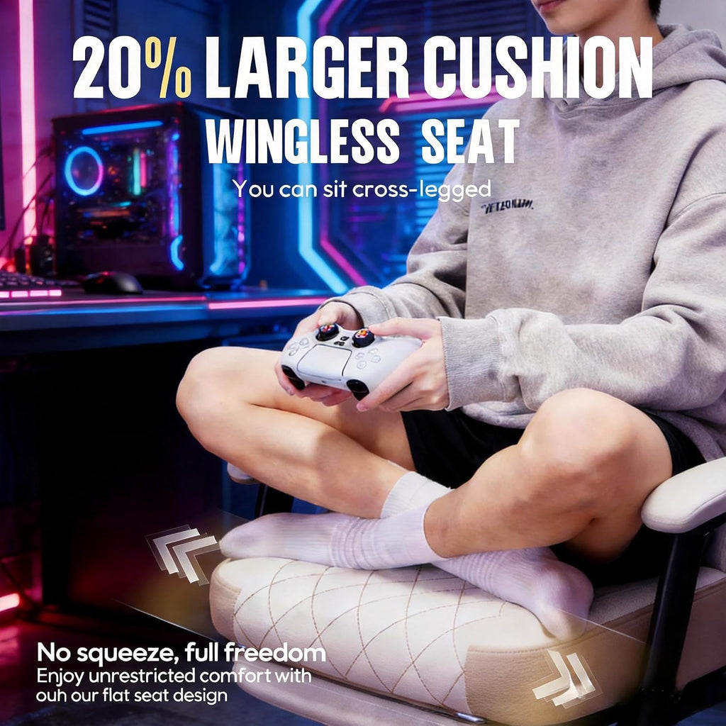 Dowinx Gaming Chair with Pocket Spring Cushion, Massage Lumbar Pillow & Footrest, Wide Seat with Padded Armrests, Breathable Fabric, Reclining Computer Chair for Home Office-Beige