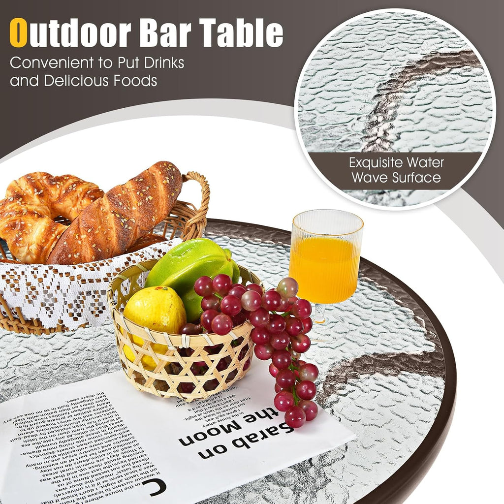 Tangkula 3 Pieces Outdoor Patio Bar Set, Outdoor Bistro Set with 2 Bar Stools and 1 Tempered Glass Bar Table, Bar Height Patio Table and Stools Set for Backyard, Garden, Lawn (Coffee)