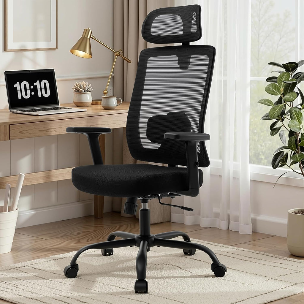 Ergonomic Office Chair Mesh Back, Office Desk Chair with Adjustable Lumbar Support, Rolling Work Chairs with Wheels and 3D Headrest, Set of 2, Black