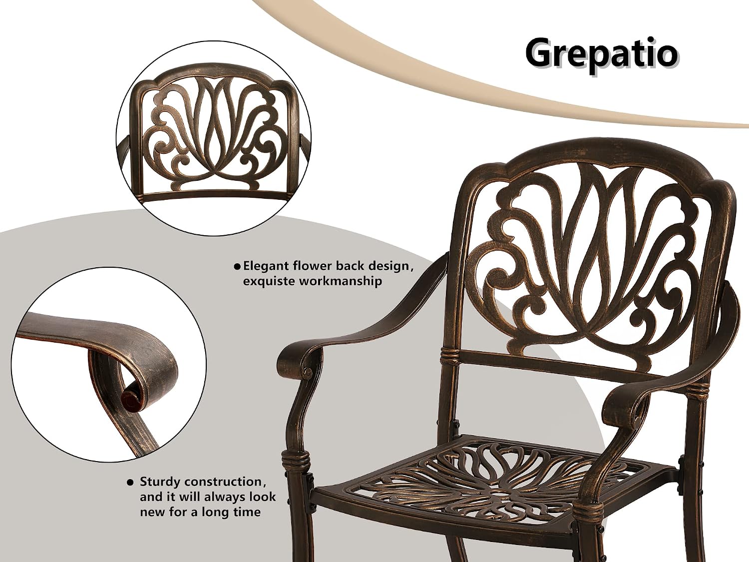 Grepatio 9 Piece Cast Aluminum Patio Furniture Set Outdoor Dining Set Bistro Furniture Set with 8 Armchairs and Dining Table, 8 Cushions for Backyard Garden Poolside (Without Cushion)