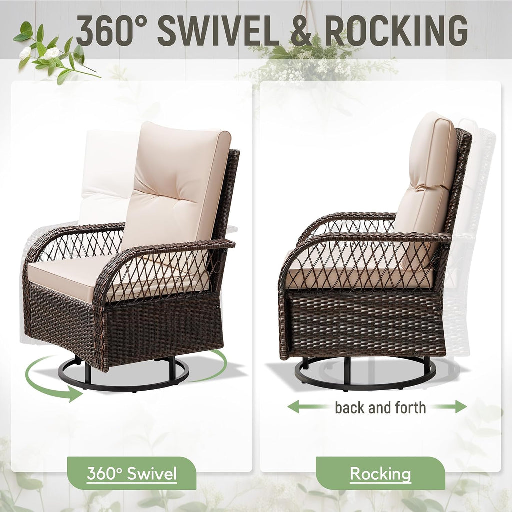 Greesum 3-Piece Outdoor Swivel Rocker, Luxury Wicker Patio Furniture Set with Rattan Side Table&Thick Detachable Cushions for Deck Lawn Poolside Brown/Beige