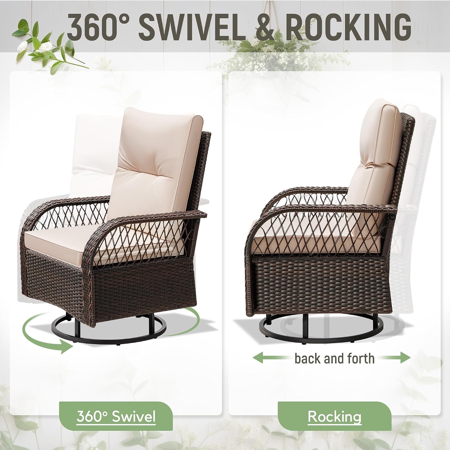 Greesum 3-Piece Outdoor Swivel Rocker, Luxury Wicker Patio Furniture Set with Rattan Side Table&Thick Detachable Cushions for Deck Lawn Poolside Brown/Beige