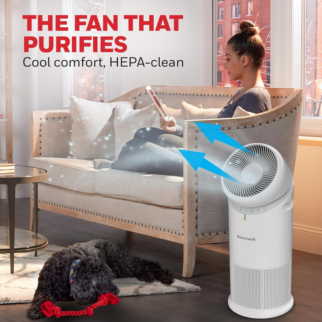 Honeywell Allergen Plus™ 3-in-1 HEPA Air Purifier for Home, Fan & Adjustable Airflow for Large Rooms up to 1928 Ft², Air Quality Sensor, Reduces Allergens, Pet Dander & Odors, HPA6000, White