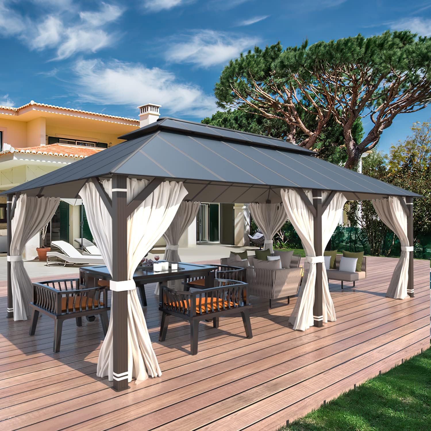 EROMMY 12' x 20' Gazebo Outdoor Double Roof Aluminum Composite Canopy Aluminum Frame Pavilion with Curtains and Netting for Patio Lawn Garden Backyard